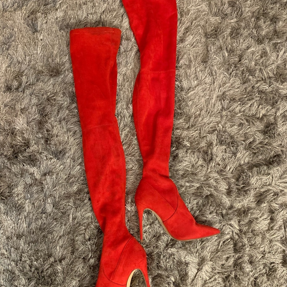 Fire red micro-suede 4 inch heeled Steve Madden boots. As seen on Cardi B.